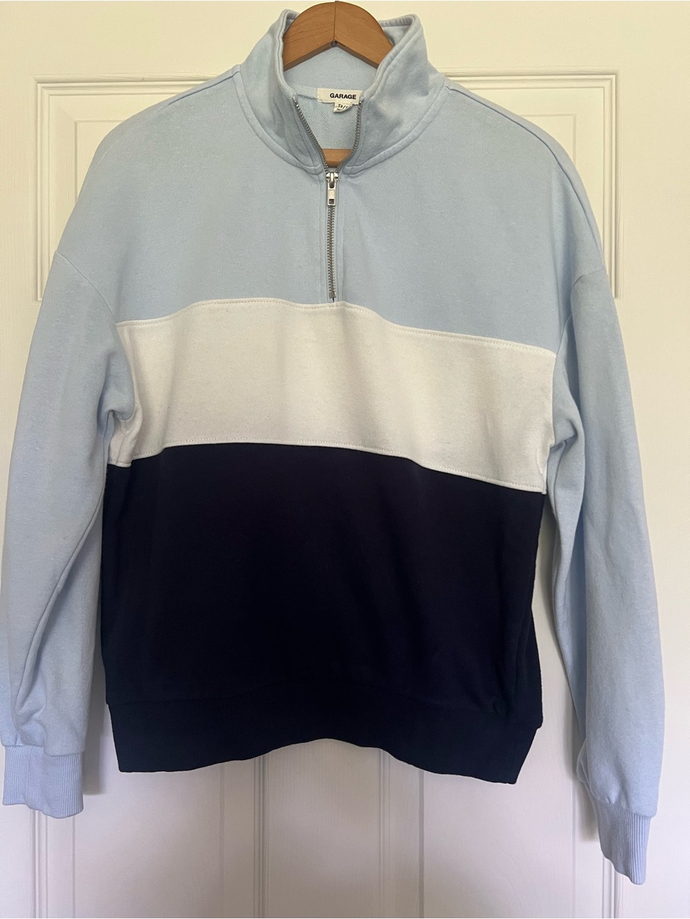 Garage Women’s Colorblock Half-Zip Sweatshirt- Light Blue/White/Navy - XS